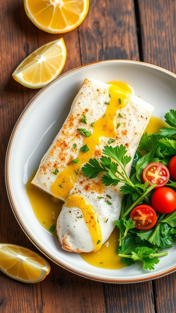 Plate of seared Mahi Mahi with garlic lemon sauce and fresh parsley, alongside a salad, on a rustic table.